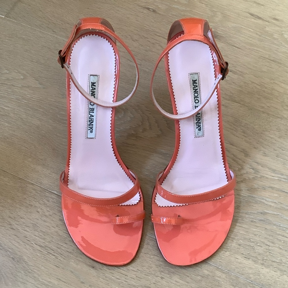 Manolo Blahnik Coral Patent Leather Ankle Strap Sandals - Sz 37.5